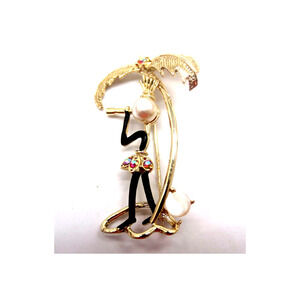 Ethnic Lady Palm Tree Faux Pearl AB Rhinestone Brooch Pin